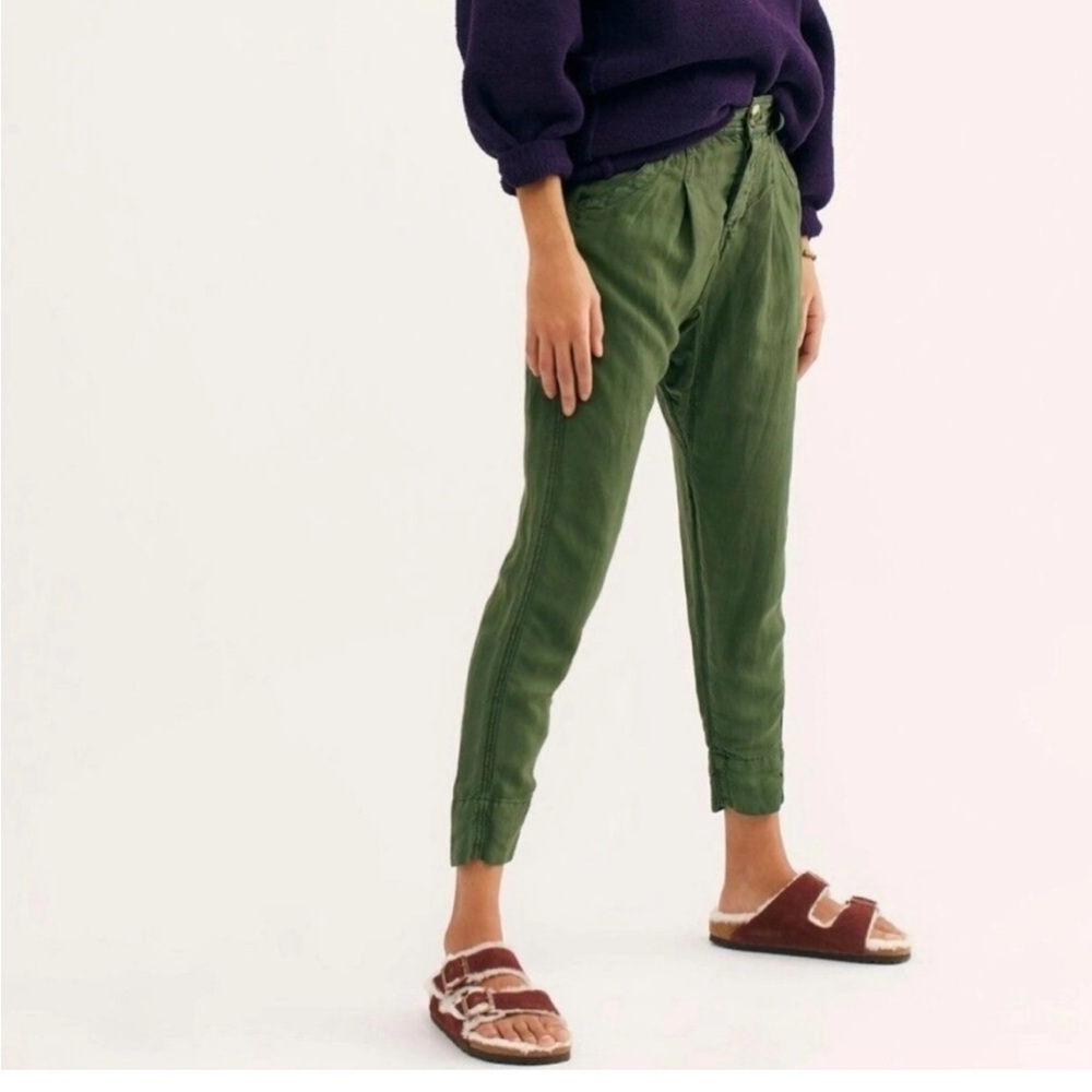 Free People Daytona Boyfriend Harem Green Button Fly Linen Blend Pleat Pant